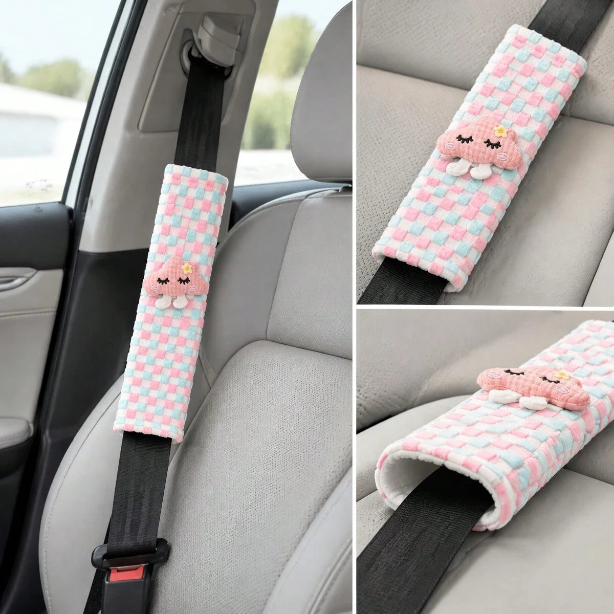 Cute Car Seat Belt Cover, Plaid Woven Seat Belt Shoulder Pad, Soft Protective Sleeve, Car Interior Decoration Accessory