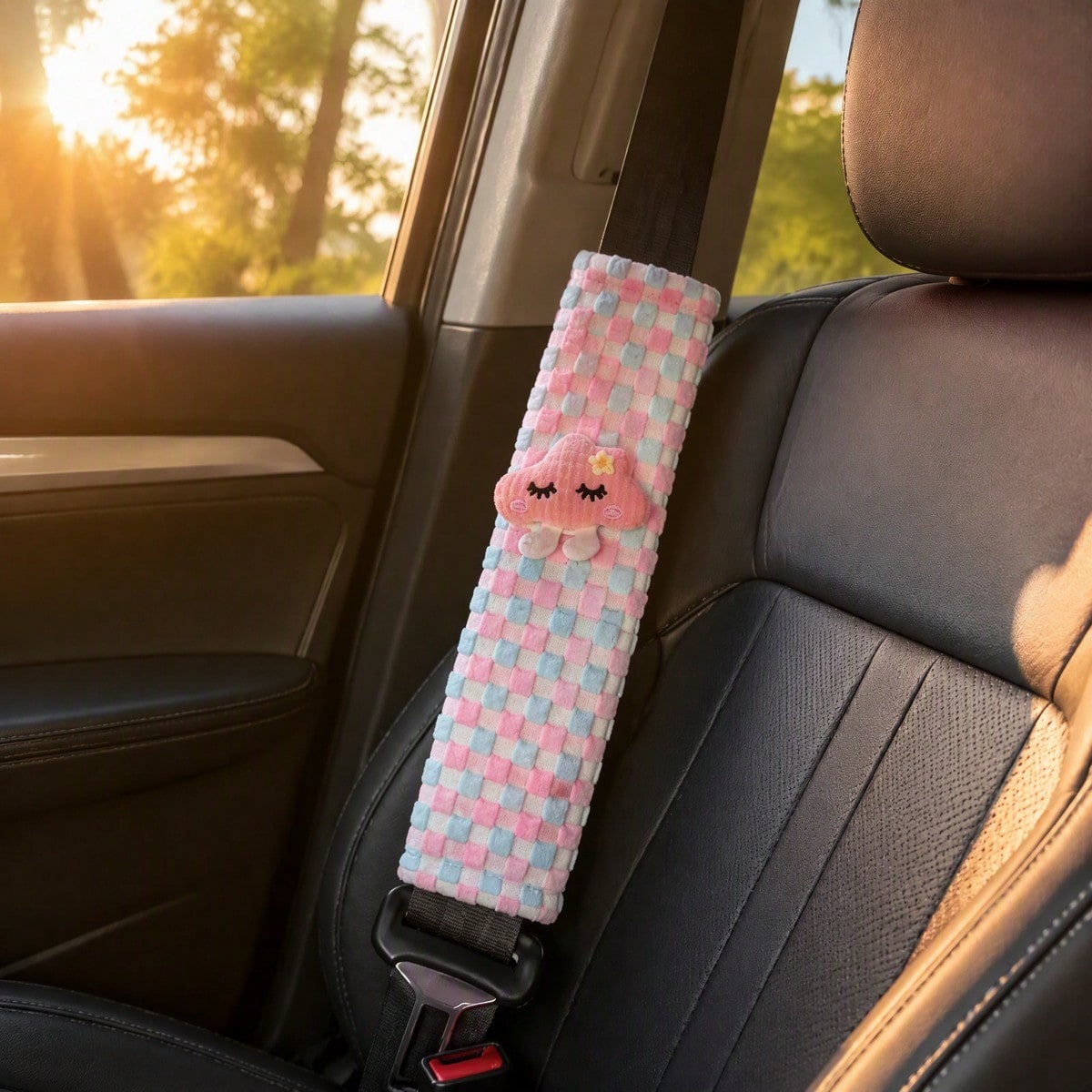 Cute Car Seat Belt Cover, Plaid Woven Seat Belt Shoulder Pad, Soft Protective Sleeve, Car Interior Decoration Accessory