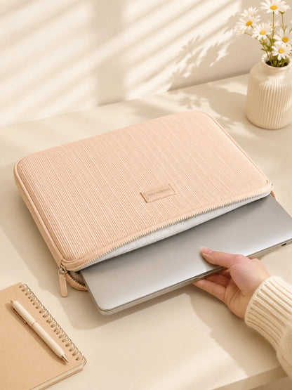Cute Corduroy Laptop Sleeve, Large Capacity Portable Soft Thick Shockproof Protective Case, Minimalist Solid Color Zipper Lightweight Laptop Cover