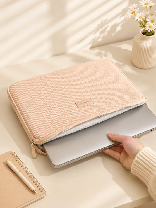 Cute Corduroy Laptop Sleeve, Large Capacity Portable Soft Thick Shockproof Protective Case, Minimalist Solid Color Zipper Lightweight Laptop Cover
