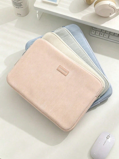 Cute Corduroy Laptop Sleeve, Large Capacity Portable Soft Thick Shockproof Protective Case, Minimalist Solid Color Zipper Lightweight Laptop Cover