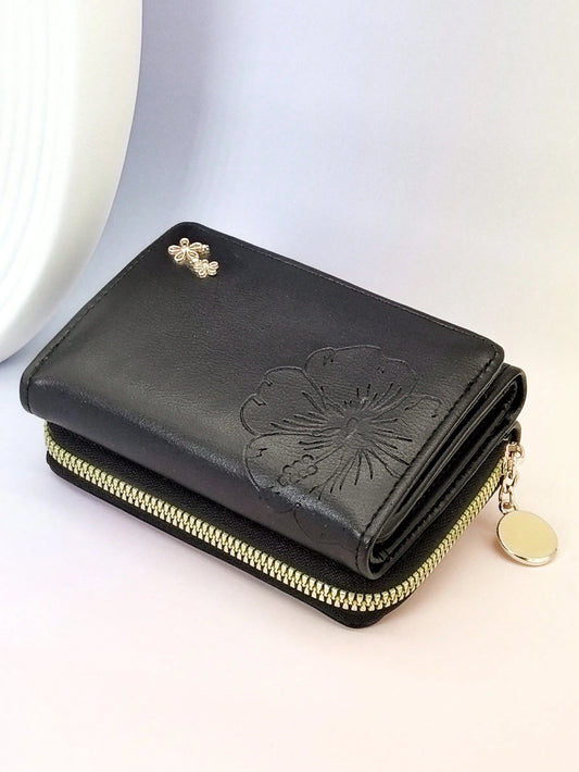 Cute Foldable Short PU Leather Wallet, Fashionable Young Women's Zipper Large Capacity Card Holder Coin Purse