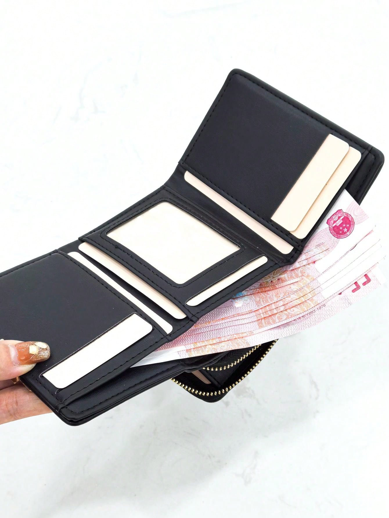 Cute Foldable Short PU Leather Wallet, Fashionable Young Women's Zipper Large Capacity Card Holder Coin Purse