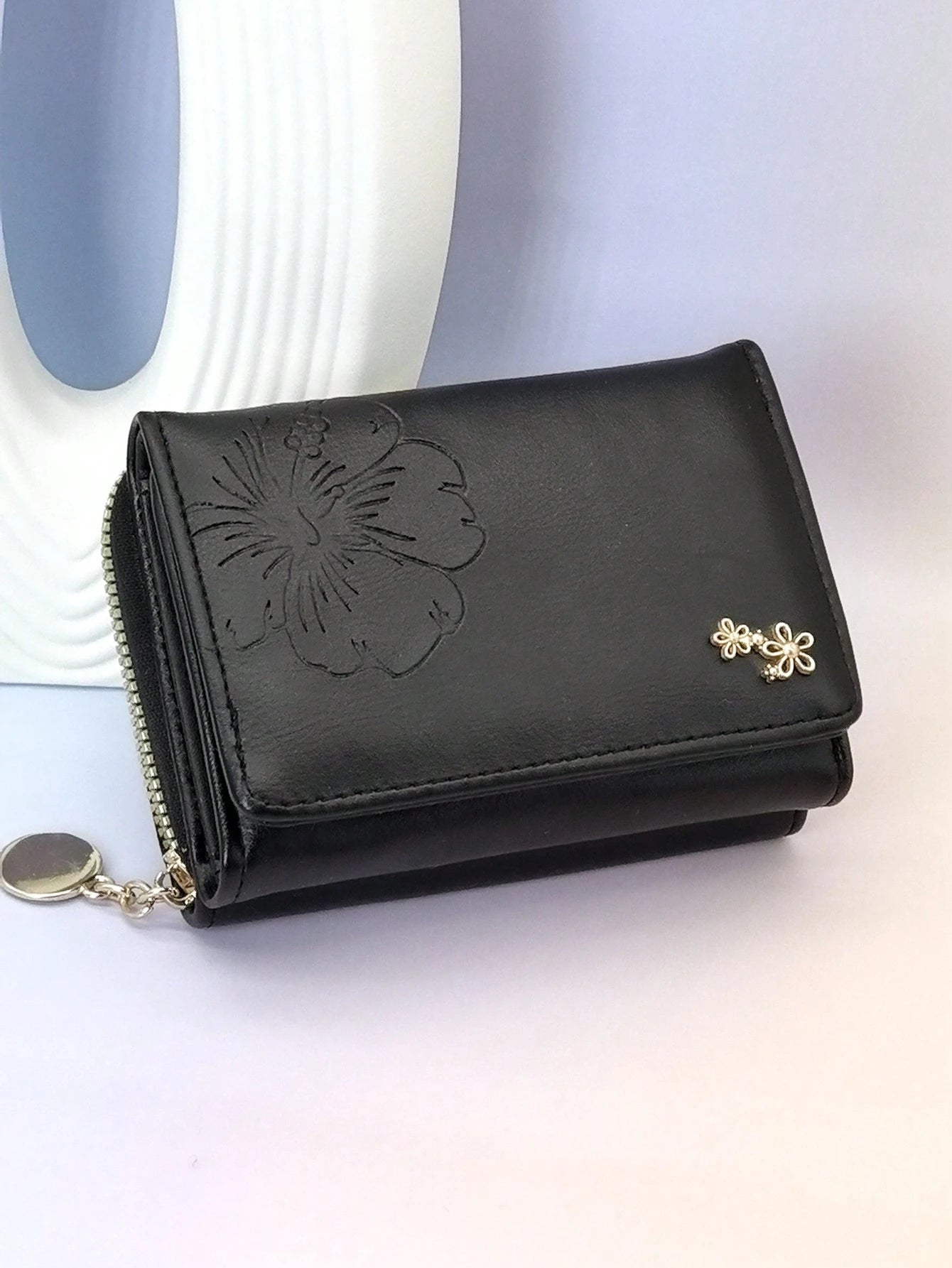 Cute Foldable Short PU Leather Wallet, Fashionable Young Women's Zipper Large Capacity Card Holder Coin Purse