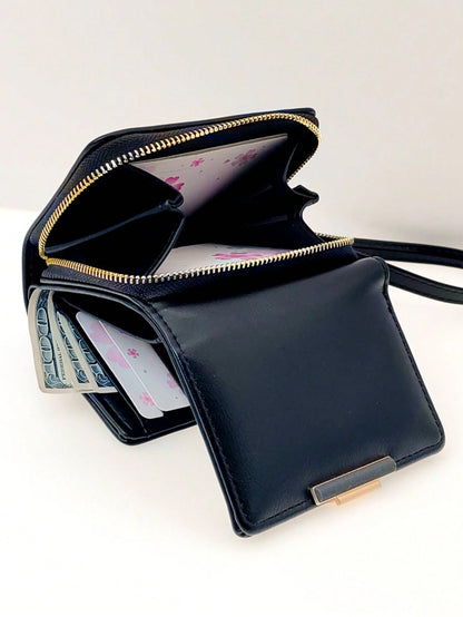 Cute Foldable Short PU Leather Wallet, Fashionable Young Women's Zipper Large Capacity Card Holder Coin Purse