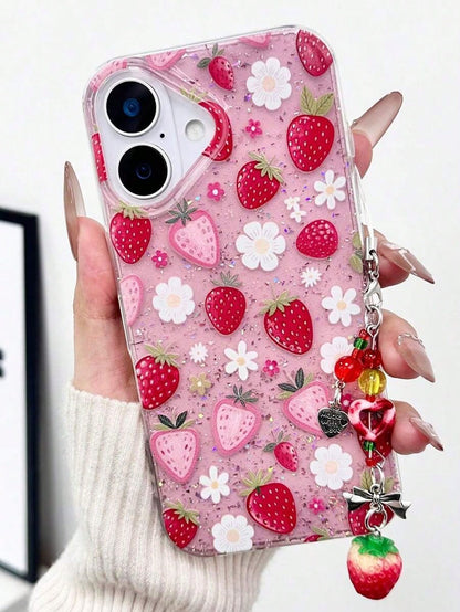 Cute Pink Strawberry Shockproof High-End Strawberry Floral Strawberry Red Epoxy Glitter Transparent Phone With Strawberry Charm Compatible With IPhone16/IPhone15/XR/IPhone16PROMAX/7p8p/P12promax/P13pr