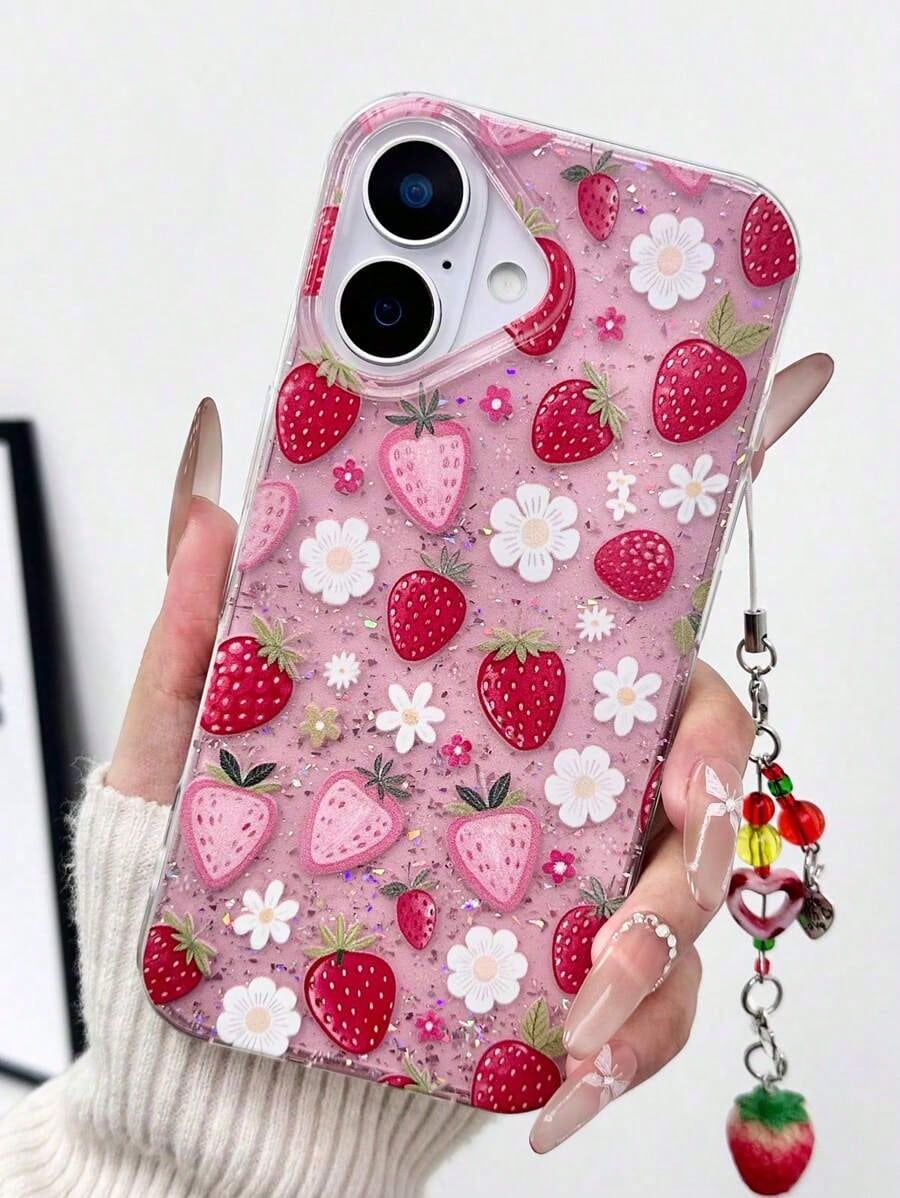 Cute Pink Strawberry Shockproof High-End Strawberry Floral Strawberry Red Epoxy Glitter Transparent Phone With Strawberry Charm Compatible With IPhone16/IPhone15/XR/IPhone16PROMAX/7p8p/P12promax/P13pr