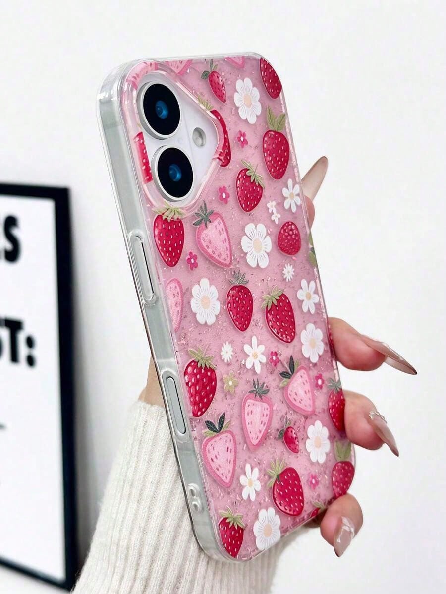 Cute Pink Strawberry Shockproof High-End Strawberry Floral Strawberry Red Epoxy Glitter Transparent Phone With Strawberry Charm Compatible With IPhone16/IPhone15/XR/IPhone16PROMAX/7p8p/P12promax/P13pr