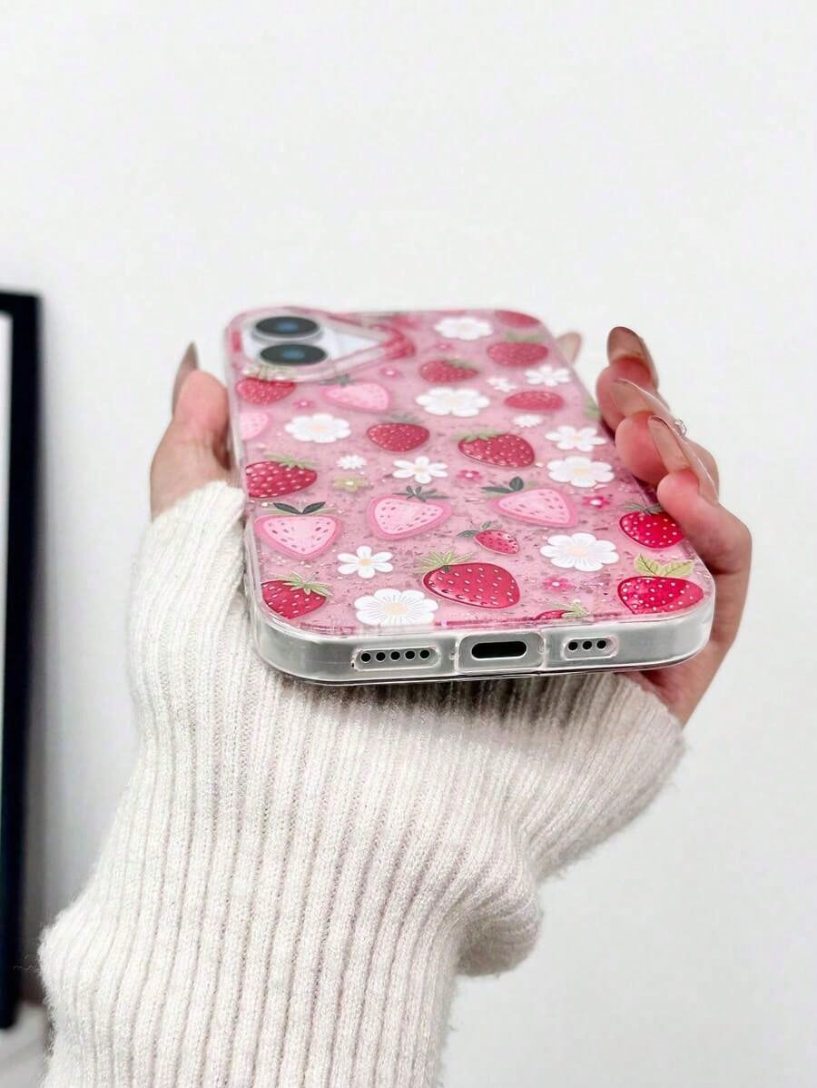 Cute Pink Strawberry Shockproof High-End Strawberry Floral Strawberry Red Epoxy Glitter Transparent Phone With Strawberry Charm Compatible With IPhone16/IPhone15/XR/IPhone16PROMAX/7p8p/P12promax/P13pr