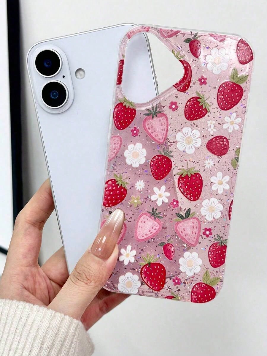 Cute Pink Strawberry Shockproof High-End Strawberry Floral Strawberry Red Epoxy Glitter Transparent Phone With Strawberry Charm Compatible With IPhone16/IPhone15/XR/IPhone16PROMAX/7p8p/P12promax/P13pr