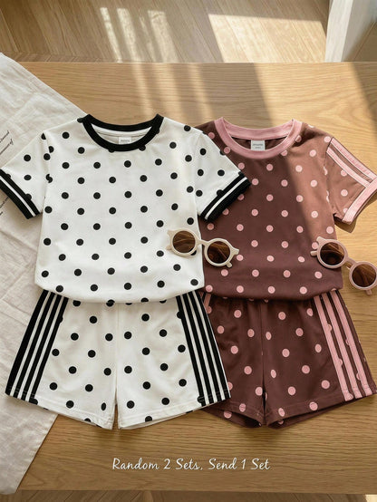 Cute Retro Fashionable Polka Dot Baby Girl Casual Comfortable Round Neck Short Sleeve T-Shirt And Casual Shorts 2-Piece Set Suitable For Spring/Summer Daily, Vacation, Outings, Campus, Sports, Homecom