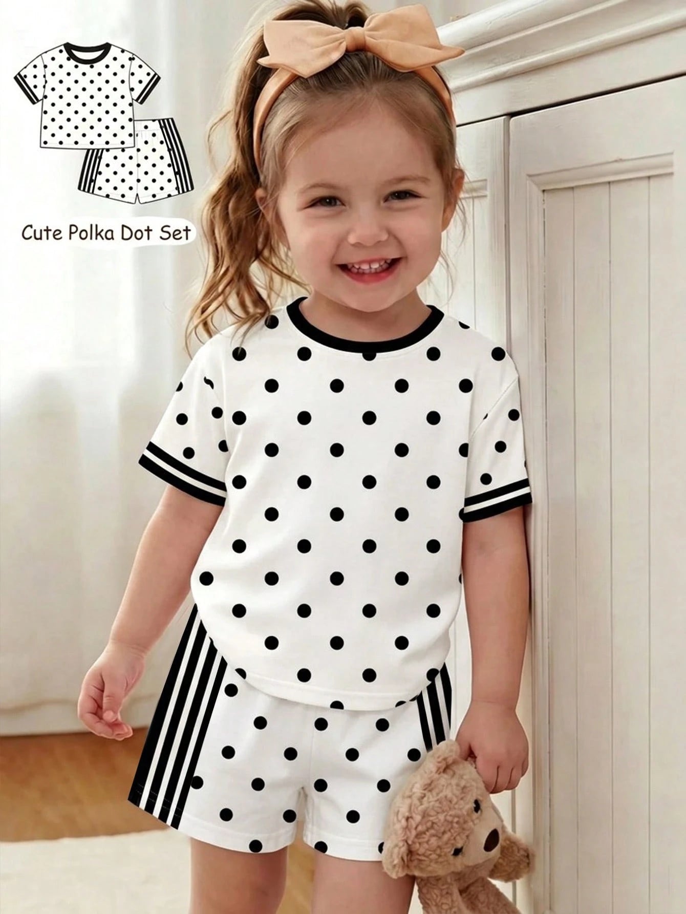 Cute Retro Fashionable Polka Dot Baby Girl Casual Comfortable Round Neck Short Sleeve T-Shirt And Casual Shorts 2-Piece Set Suitable For Spring/Summer Daily, Vacation, Outings, Campus, Sports, Homecom
