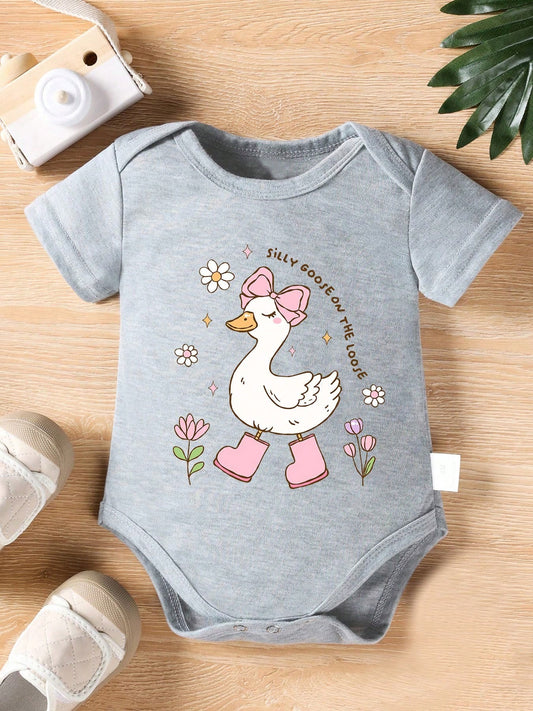 Cute Toddler Baby Girls Silly Goose On The Loose Bowknot Daisy Floral Graphic Print Short Sleeve Crew Neck Bodysuit Summer Holiday Casual Daily Wear