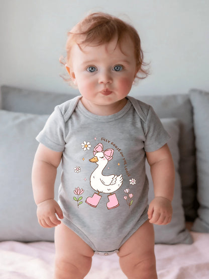 Cute Toddler Baby Girls Silly Goose On The Loose Bowknot Daisy Floral Graphic Print Short Sleeve Crew Neck Bodysuit Summer Holiday Casual Daily Wear