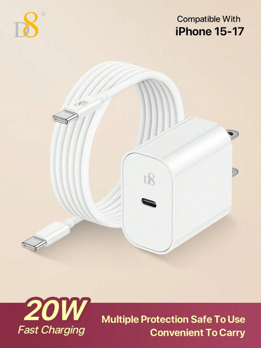 D8 20W USB C Fast Charger (ETL Listed)- PD Power Wall Charger With 3.3ft USB-C To USBC Cable, Fast Charging For IP 17/16/16 Pro/15/15 Plus/15 Pro/15 Pro Max, Air 4/5, Pro 12.9/11, Women-Friendly Type