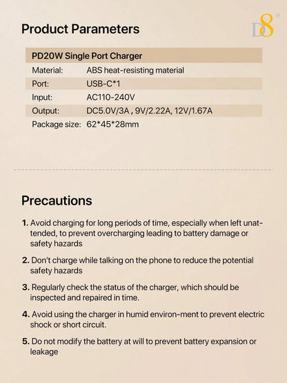 D8 20W USB C Fast Charger (ETL Listed)- PD Power Wall Charger With 3.3ft USB-C To USBC Cable, Fast Charging For IP 17/16/16 Pro/15/15 Plus/15 Pro/15 Pro Max, Air 4/5, Pro 12.9/11, Women-Friendly Type