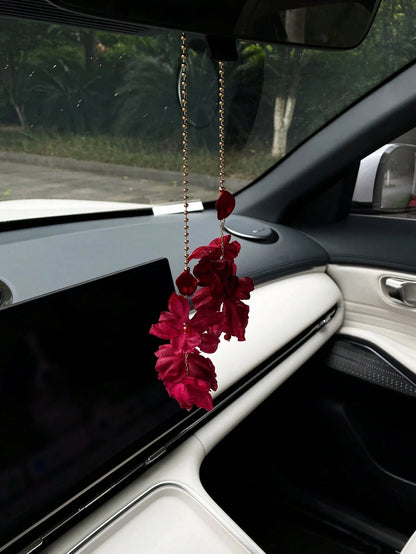 Dark Red Flower Car Pendant, Creative Car Rearview Mirror Hanging Decor, Car Interior Accessory