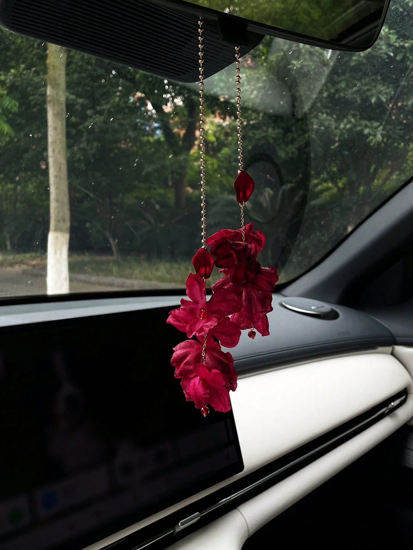 Dark Red Flower Car Pendant, Creative Car Rearview Mirror Hanging Decor, Car Interior Accessory