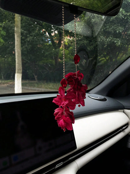 Dark Red Flower Car Pendant, Creative Car Rearview Mirror Hanging Decor, Car Interior Accessory