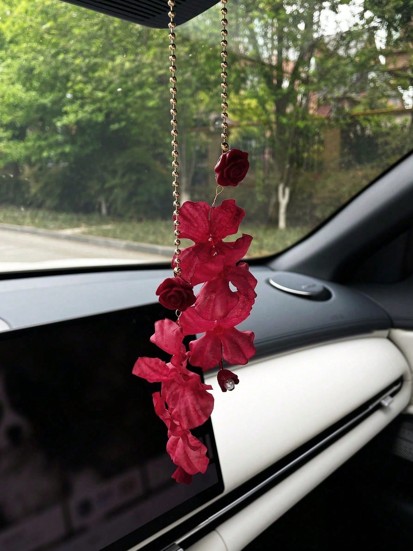 Dark Red Flower Car Pendant, Creative Car Rearview Mirror Hanging Decor, Car Interior Accessory