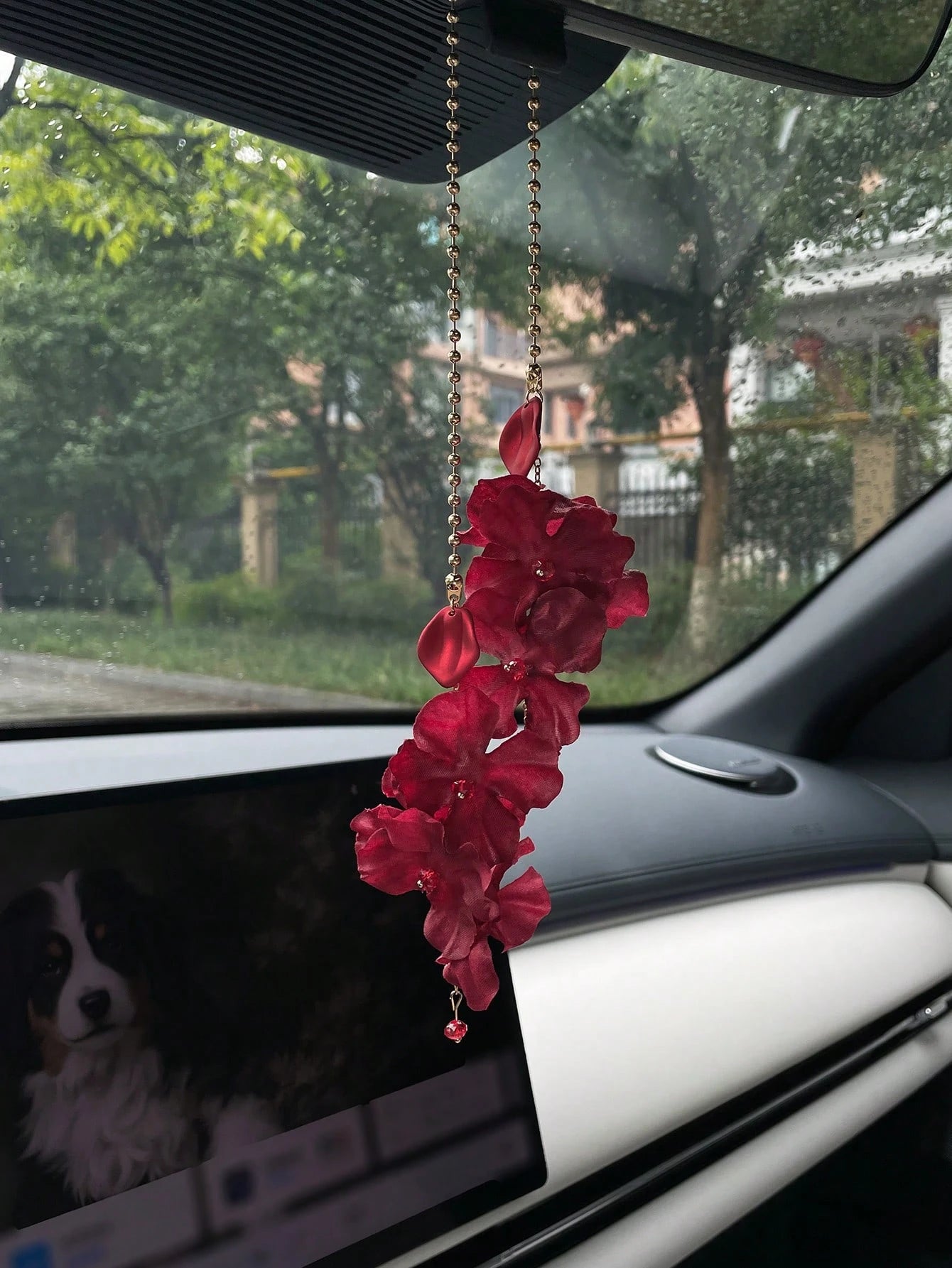 Dark Red Flower Car Pendant, Creative Car Rearview Mirror Hanging Decor, Car Interior Accessory