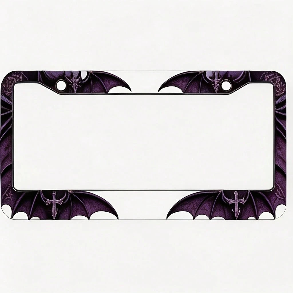 Decorative Purposes Only. Square Aluminum License Plate Frame Protective Cover In Dark Purple-Black With Gothic Bat And Pattern. Car License Plate Decorative Frame 31x16CM/12.2x 6.3inch Rust-Proof Wit