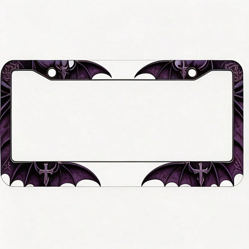 Decorative Purposes Only. Square Aluminum License Plate Frame Protective Cover In Dark Purple-Black With Gothic Bat And Pattern. Car License Plate Decorative Frame 31x16CM/12.2x 6.3inch Rust-Proof Wit