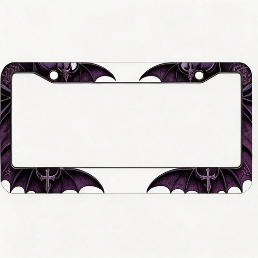 Decorative Purposes Only. Square Aluminum License Plate Frame Protective Cover In Dark Purple-Black With Gothic Bat And Pattern. Car License Plate Decorative Frame 31x16CM/12.2x 6.3inch Rust-Proof Wit