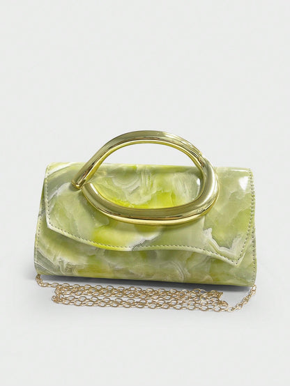 Dedoo 1pc Fashion Metal Decor Mini Clutch Bag, Elegant Shiny Metal Strip Embellished Women's Handbag, Suitable For Evening Gown, Party, Wedding, Ball And Other Formal Occasions, With Metal Chain