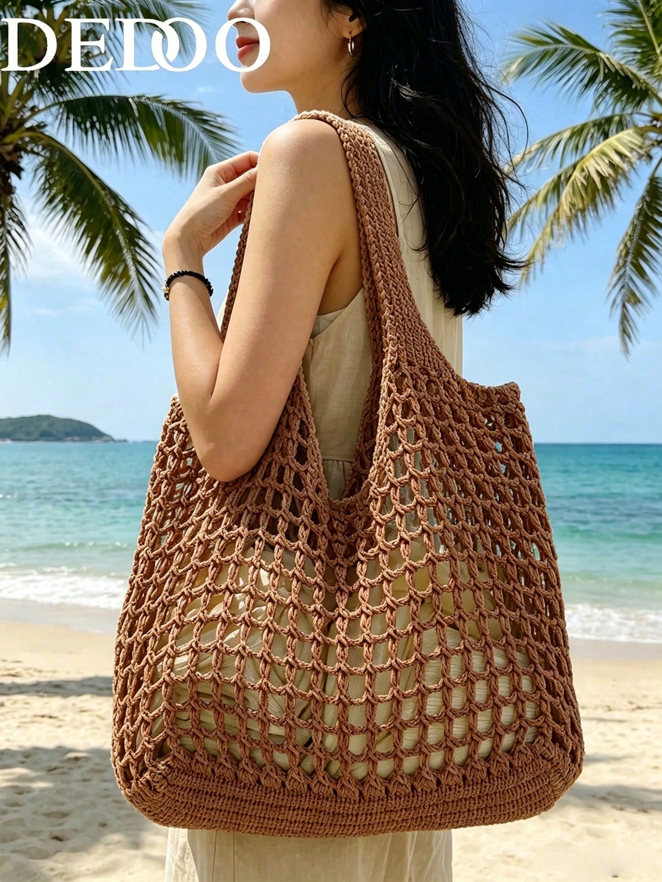Dedoo Fashion Bohemian Style Crochet Women's Bag, Beige Polyester Material, Vintage Handmade Feel, Large Capacity Open Top Tote Bag, Beach Tote Bag, Casual Travel, Woven Texture, Vacation Essential Su