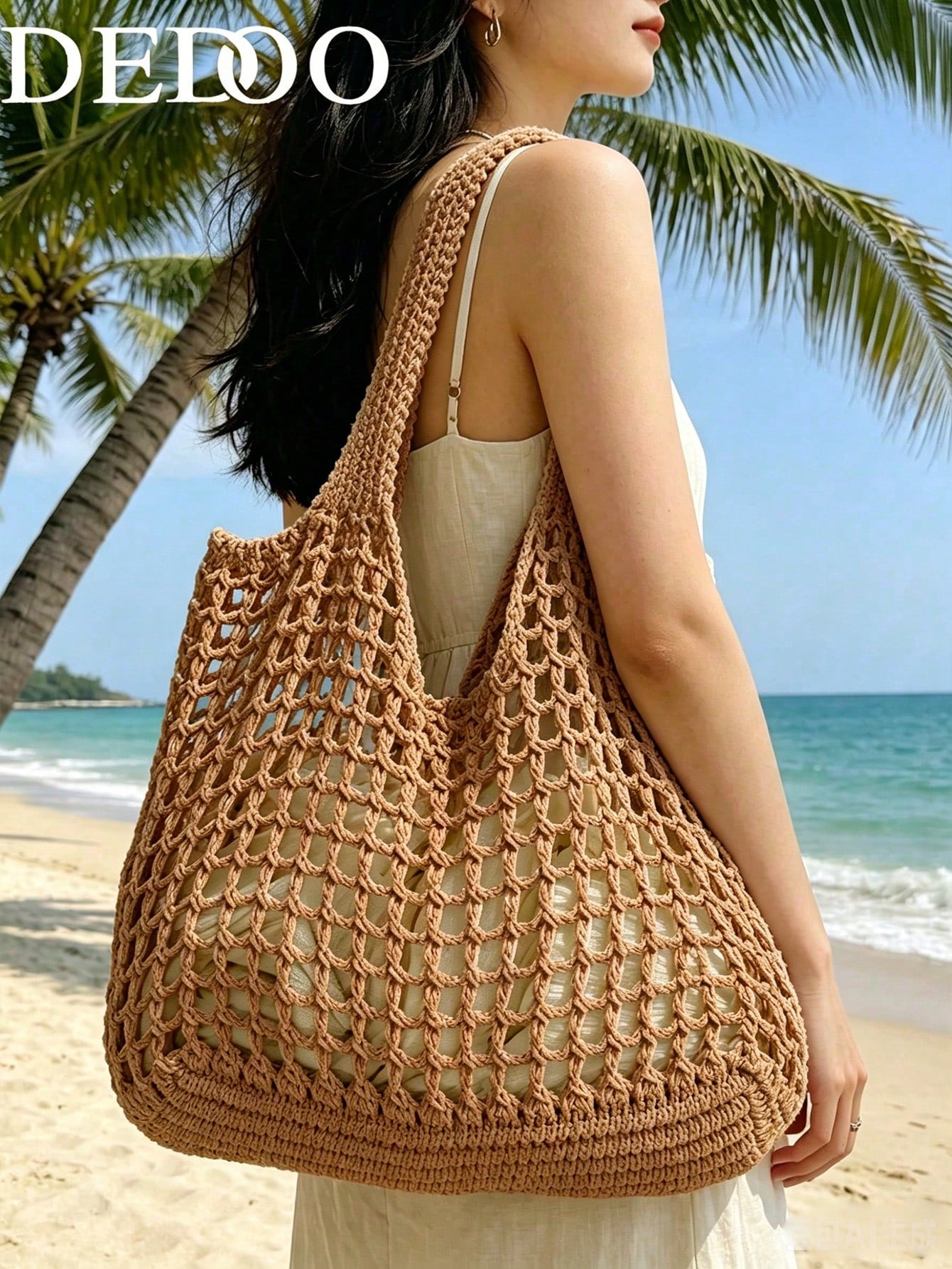 Dedoo Fashion Bohemian Style Crochet Women's Bag, Beige Polyester Material, Vintage Handmade Feel, Large Capacity Open Top Tote Bag, Beach Tote Bag, Casual Travel, Woven Texture, Vacation Essential Su