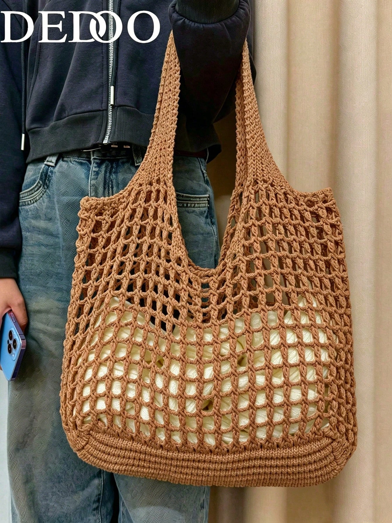 Dedoo Fashion Bohemian Style Crochet Women's Bag, Beige Polyester Material, Vintage Handmade Feel, Large Capacity Open Top Tote Bag, Beach Tote Bag, Casual Travel, Woven Texture, Vacation Essential Su