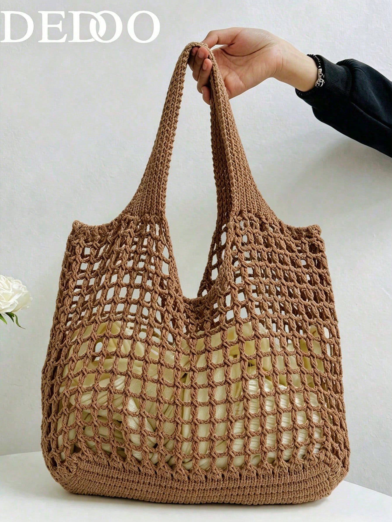 Dedoo Fashion Bohemian Style Crochet Women's Bag, Beige Polyester Material, Vintage Handmade Feel, Large Capacity Open Top Tote Bag, Beach Tote Bag, Casual Travel, Woven Texture, Vacation Essential Su