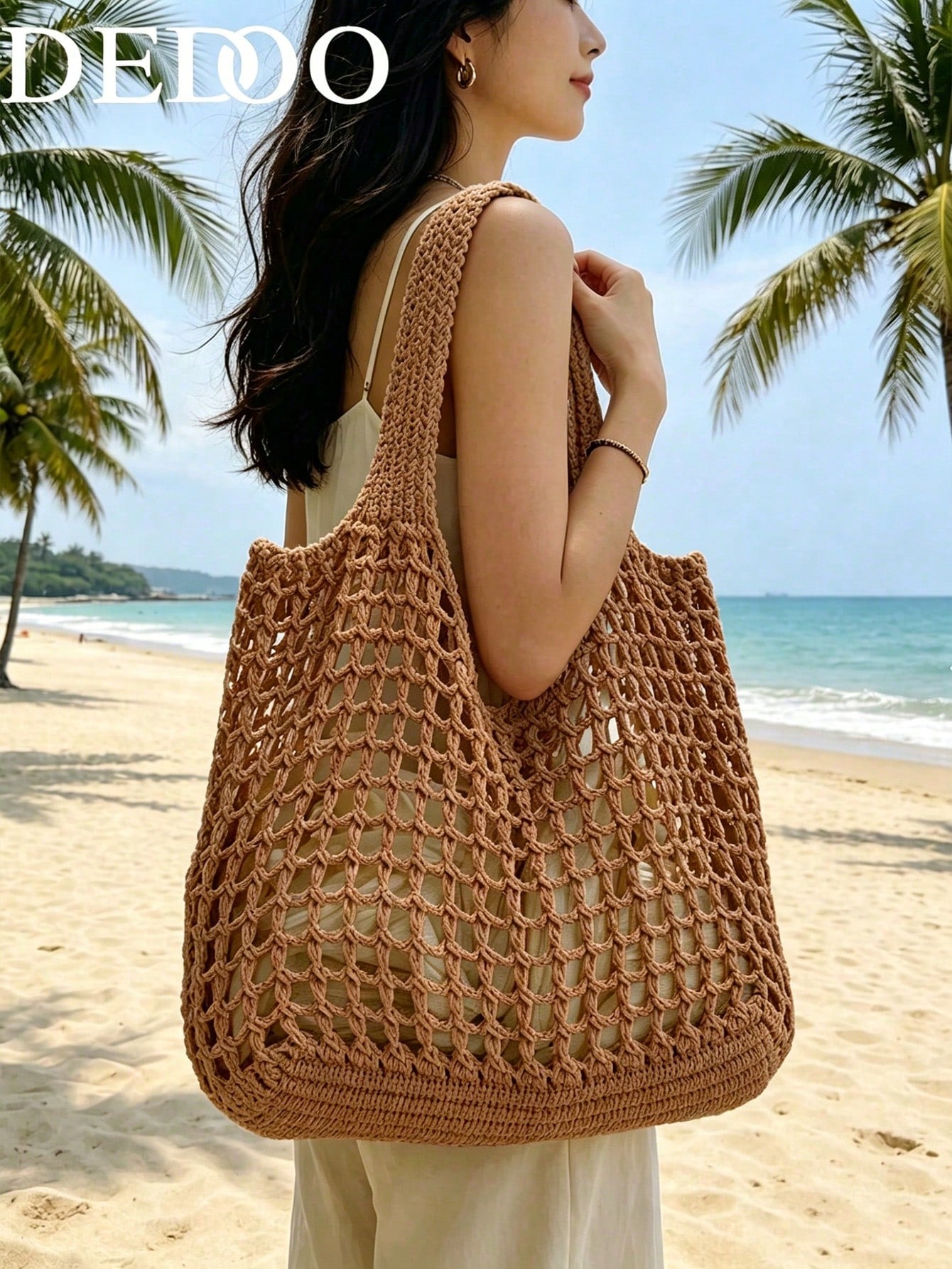 Dedoo Fashion Bohemian Style Crochet Women's Bag, Beige Polyester Material, Vintage Handmade Feel, Large Capacity Open Top Tote Bag, Beach Tote Bag, Casual Travel, Woven Texture, Vacation Essential Su