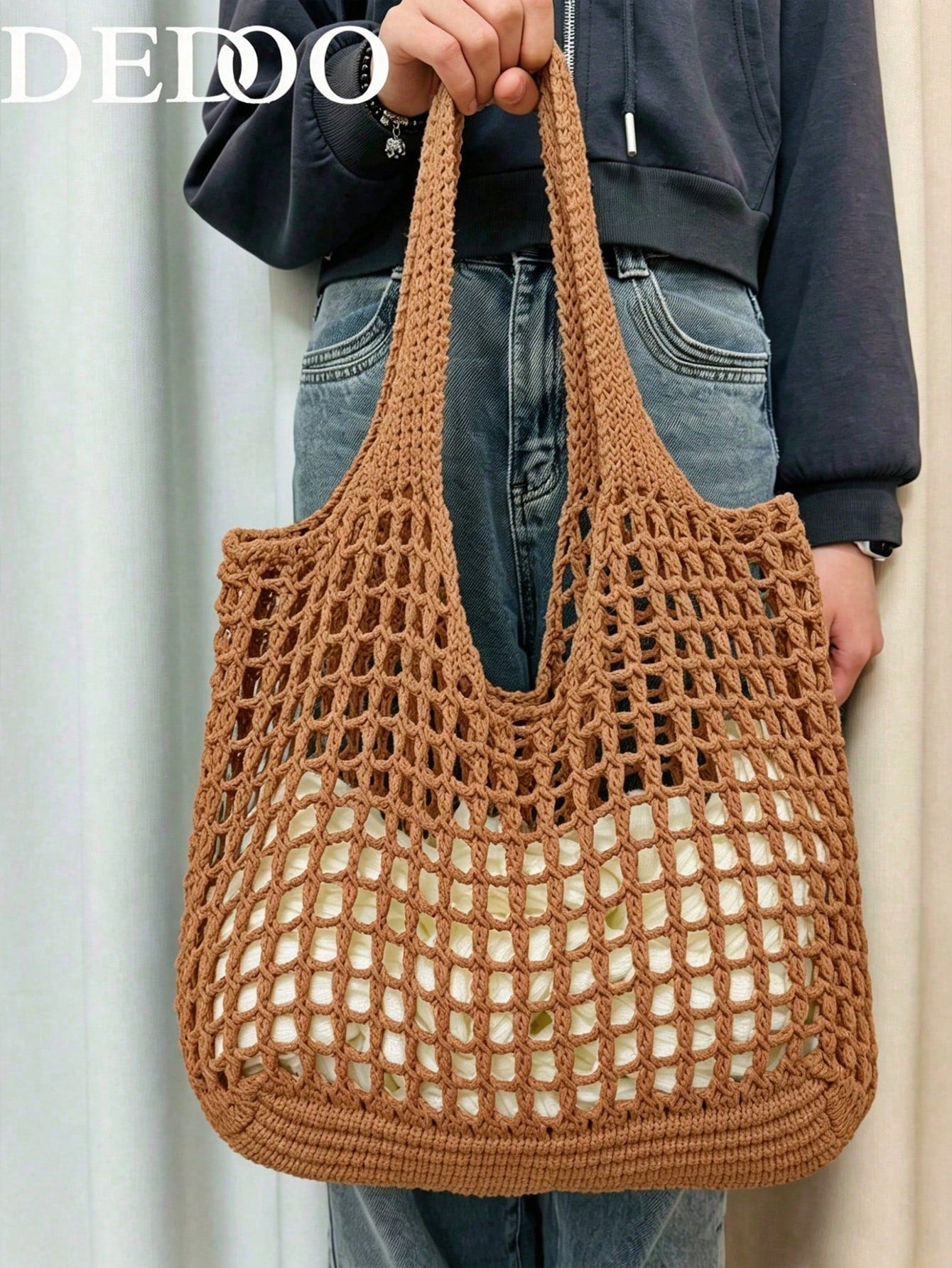 Dedoo Fashion Bohemian Style Crochet Women's Bag, Beige Polyester Material, Vintage Handmade Feel, Large Capacity Open Top Tote Bag, Beach Tote Bag, Casual Travel, Woven Texture, Vacation Essential Su