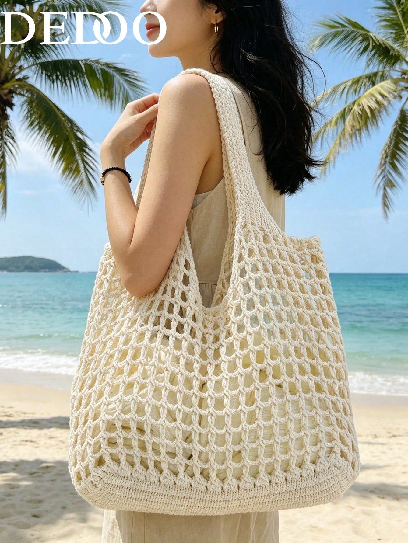 Dedoo Fashion Bohemian Style Crochet Women's Bag, Beige Polyester Material, Vintage Handmade Feel, Large Capacity Open Top Tote Bag, Beach Tote Bag, Casual Travel, Woven Texture, Vacation Essential Su