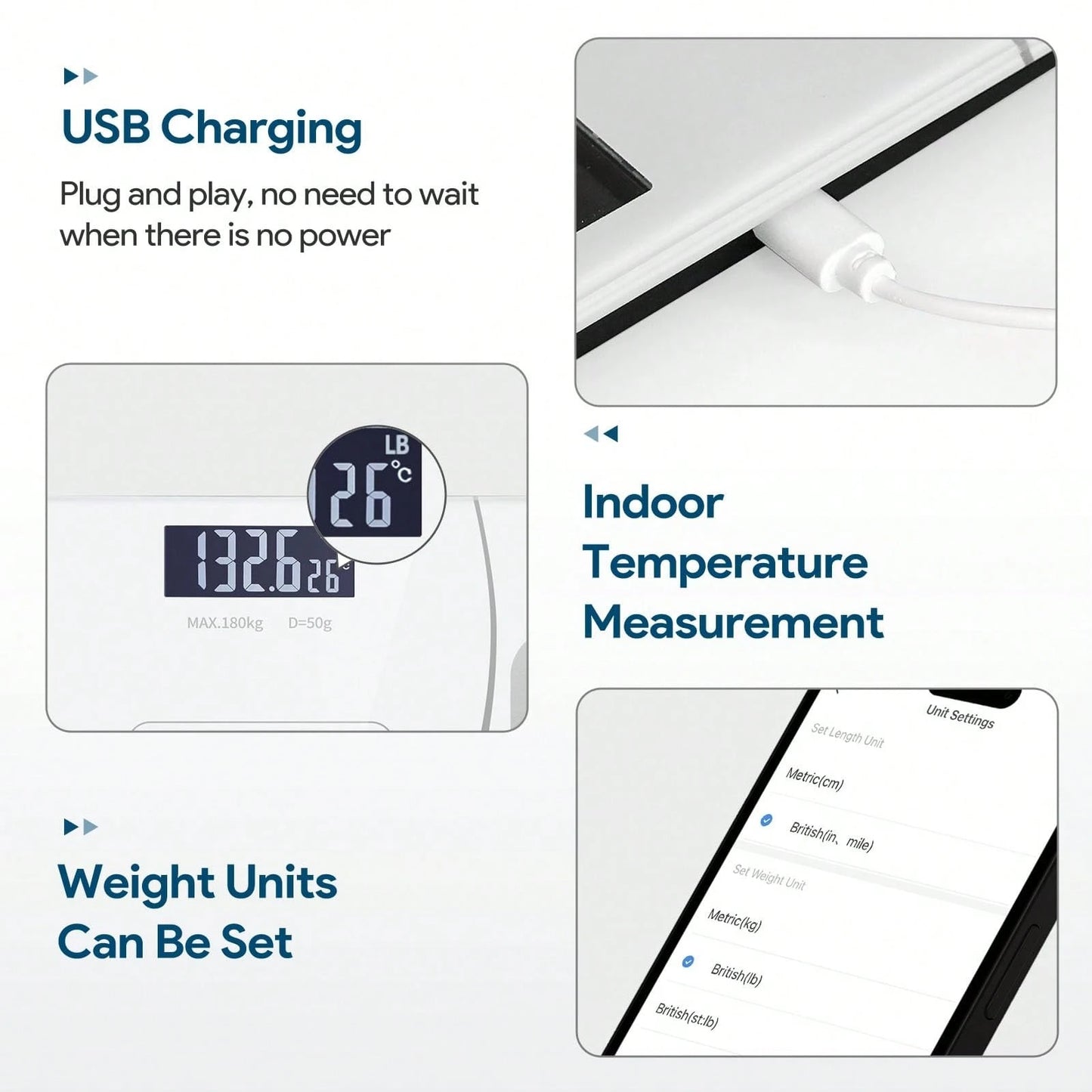Digital Bathroom Scale, Electronic Body Scale, 400 Lbs Capacity- Accurate, Easy-To-Read Backlit HD LCD Display And Temperature Display, USB Rechargeable, Switchable Between Kilograms And Pounds, Ide
