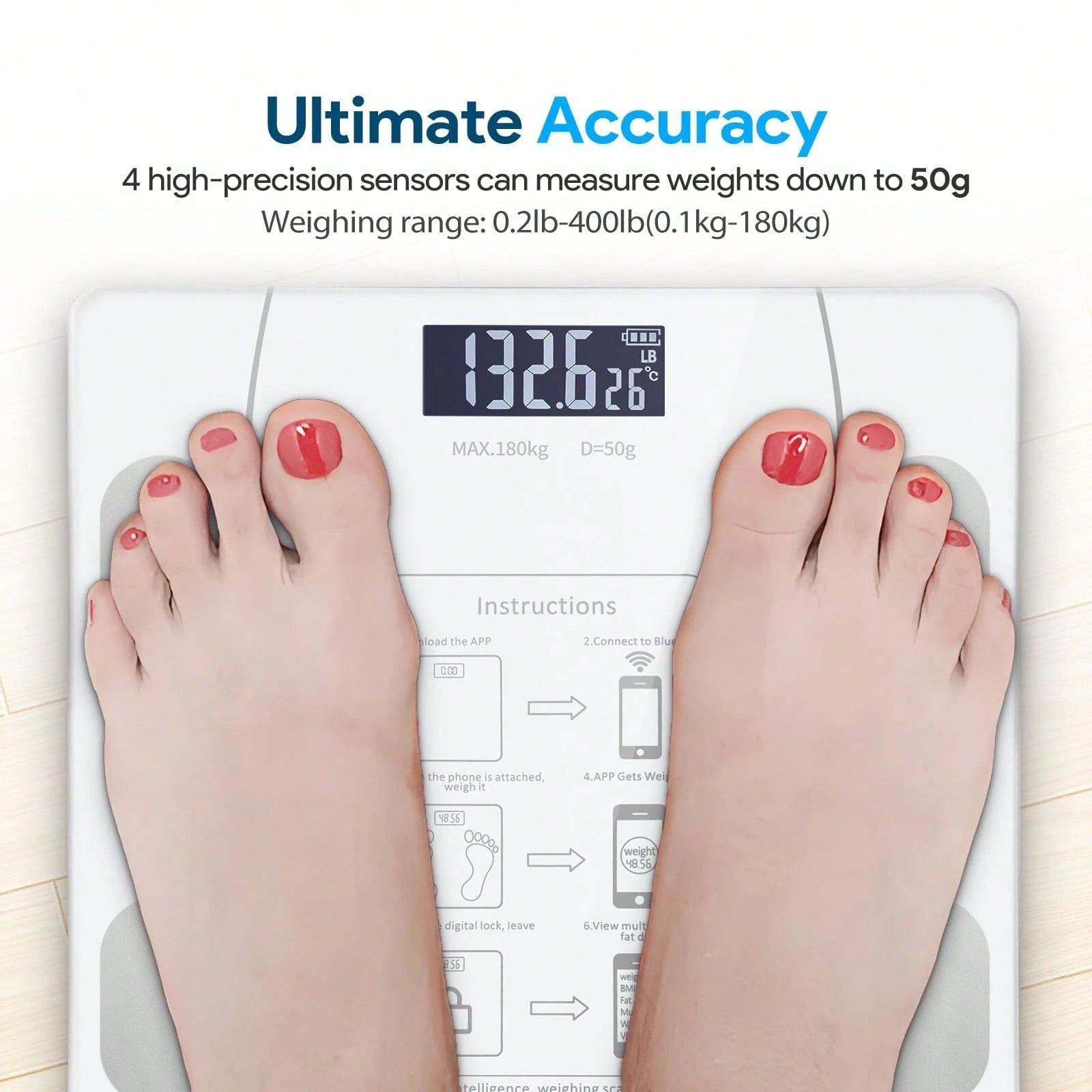 Digital Bathroom Scale, Electronic Body Scale, 400 Lbs Capacity- Accurate, Easy-To-Read Backlit HD LCD Display And Temperature Display, USB Rechargeable, Switchable Between Kilograms And Pounds, Ide