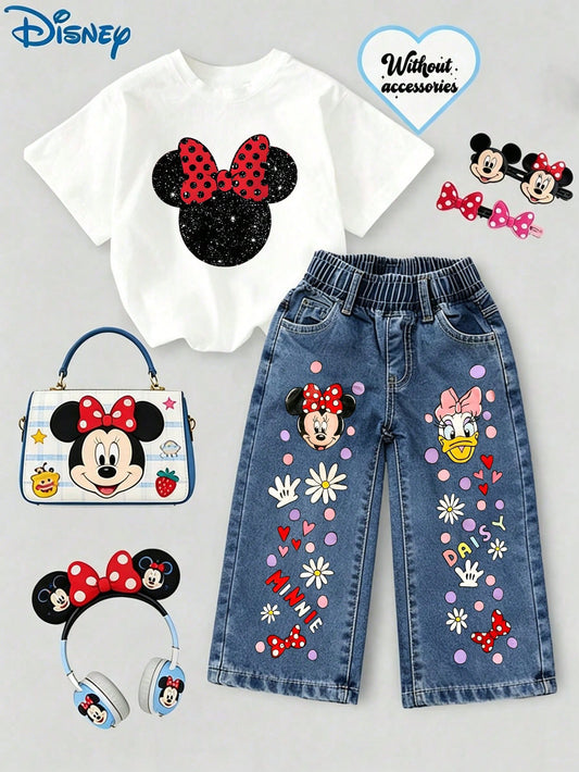 Disney 2pc Minnie Mouse, Daisy Duck, Elemental Print, Short Sleeved Denim Suit, Suitable For Fashionable Outfits In Spring, Summer, And Autumn, Holiday Gift.