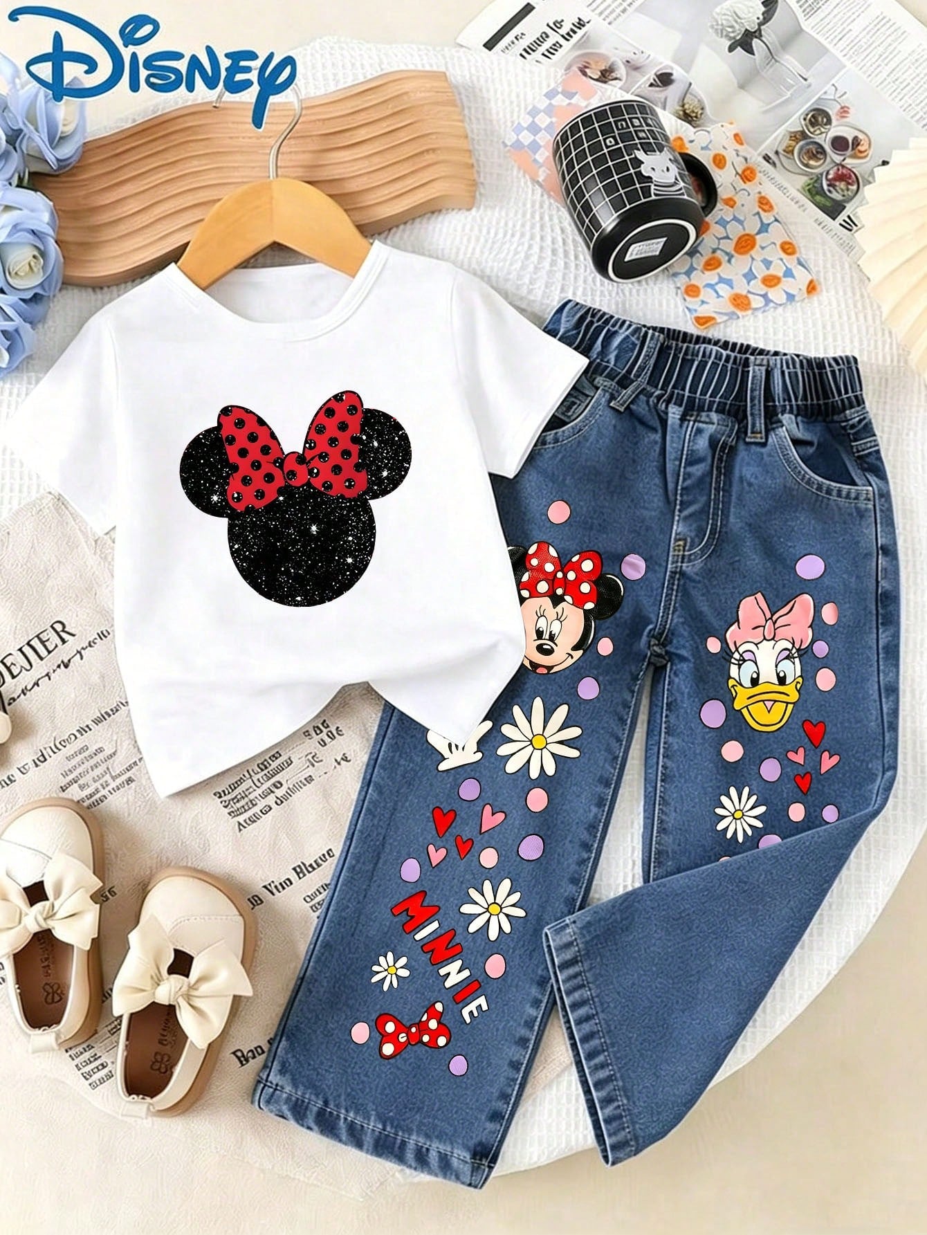 Disney 2pc Minnie Mouse, Daisy Duck, Elemental Print, Short Sleeved Denim Suit, Suitable For Fashionable Outfits In Spring, Summer, And Autumn, Holiday Gift.