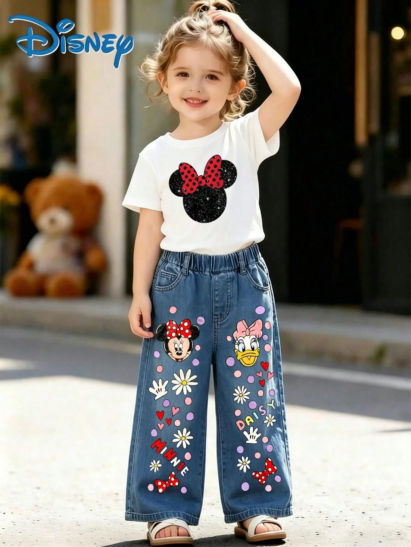 Disney 2pc Minnie Mouse, Daisy Duck, Elemental Print, Short Sleeved Denim Suit, Suitable For Fashionable Outfits In Spring, Summer, And Autumn, Holiday Gift.