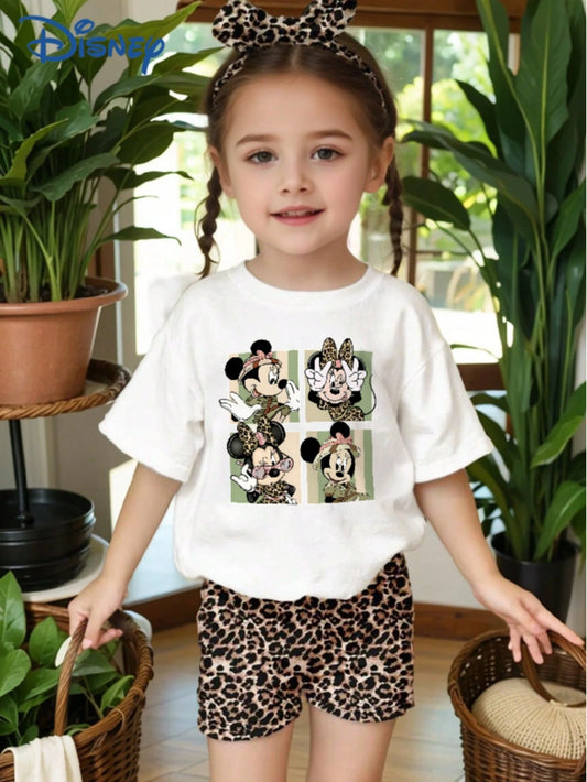 Disney Mickey Mouse Baby Girls' Minnie Letter Print Short Sleeve T-Shirt And Shorts Set, Cute Casual Summer Outfit; Baby Girl's Leopard Print Elastic Waist Shorts, Outdoor Sportswear