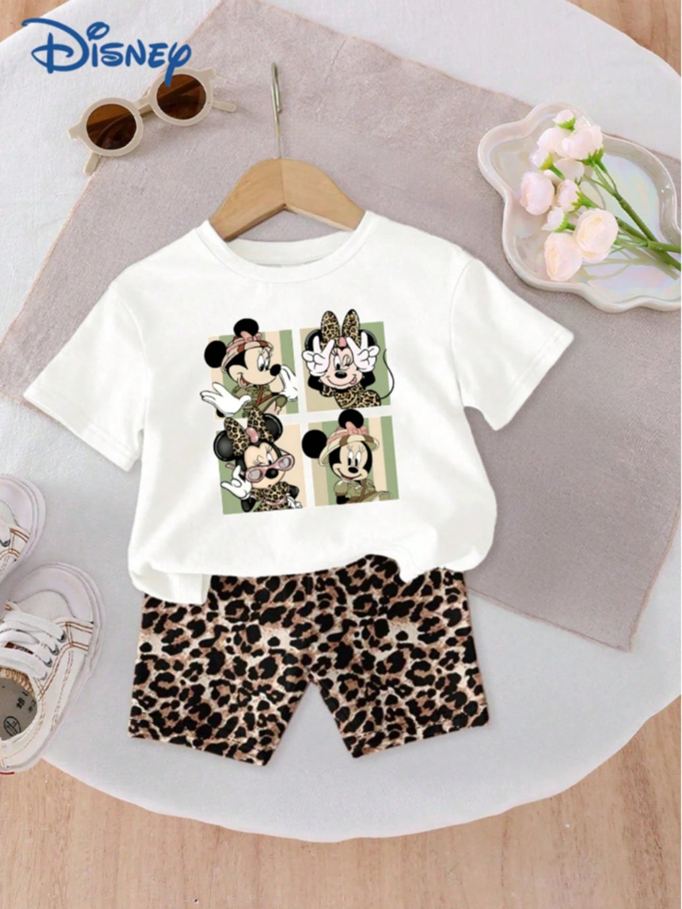 Disney Mickey Mouse Baby Girls' Minnie Letter Print Short Sleeve T-Shirt And Shorts Set, Cute Casual Summer Outfit; Baby Girl's Leopard Print Elastic Waist Shorts, Outdoor Sportswear