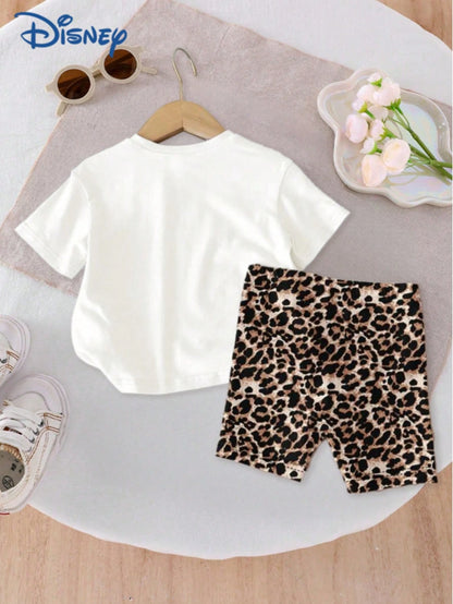 Disney Mickey Mouse Baby Girls' Minnie Letter Print Short Sleeve T-Shirt And Shorts Set, Cute Casual Summer Outfit; Baby Girl's Leopard Print Elastic Waist Shorts, Outdoor Sportswear