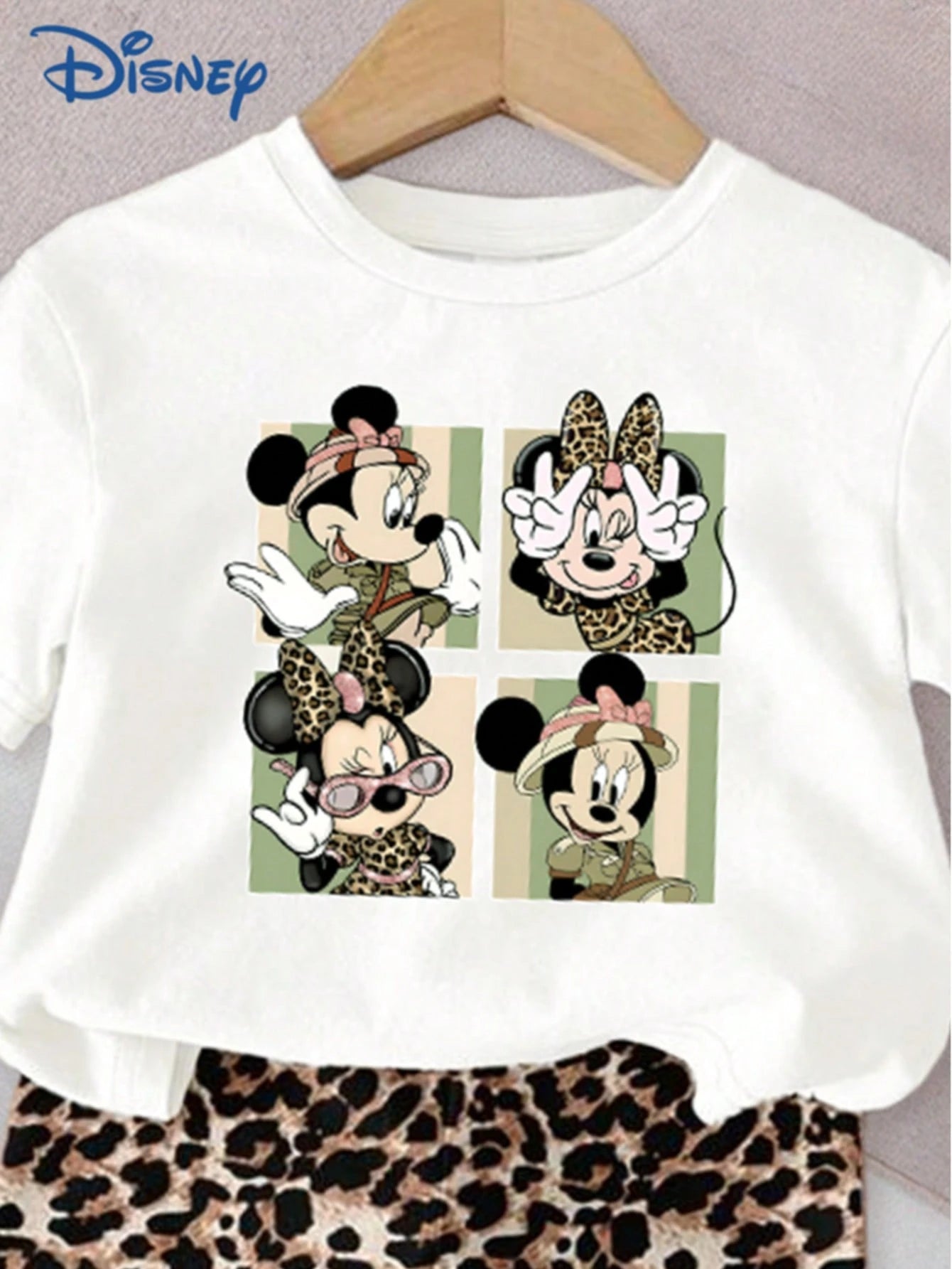 Disney Mickey Mouse Baby Girls' Minnie Letter Print Short Sleeve T-Shirt And Shorts Set, Cute Casual Summer Outfit; Baby Girl's Leopard Print Elastic Waist Shorts, Outdoor Sportswear