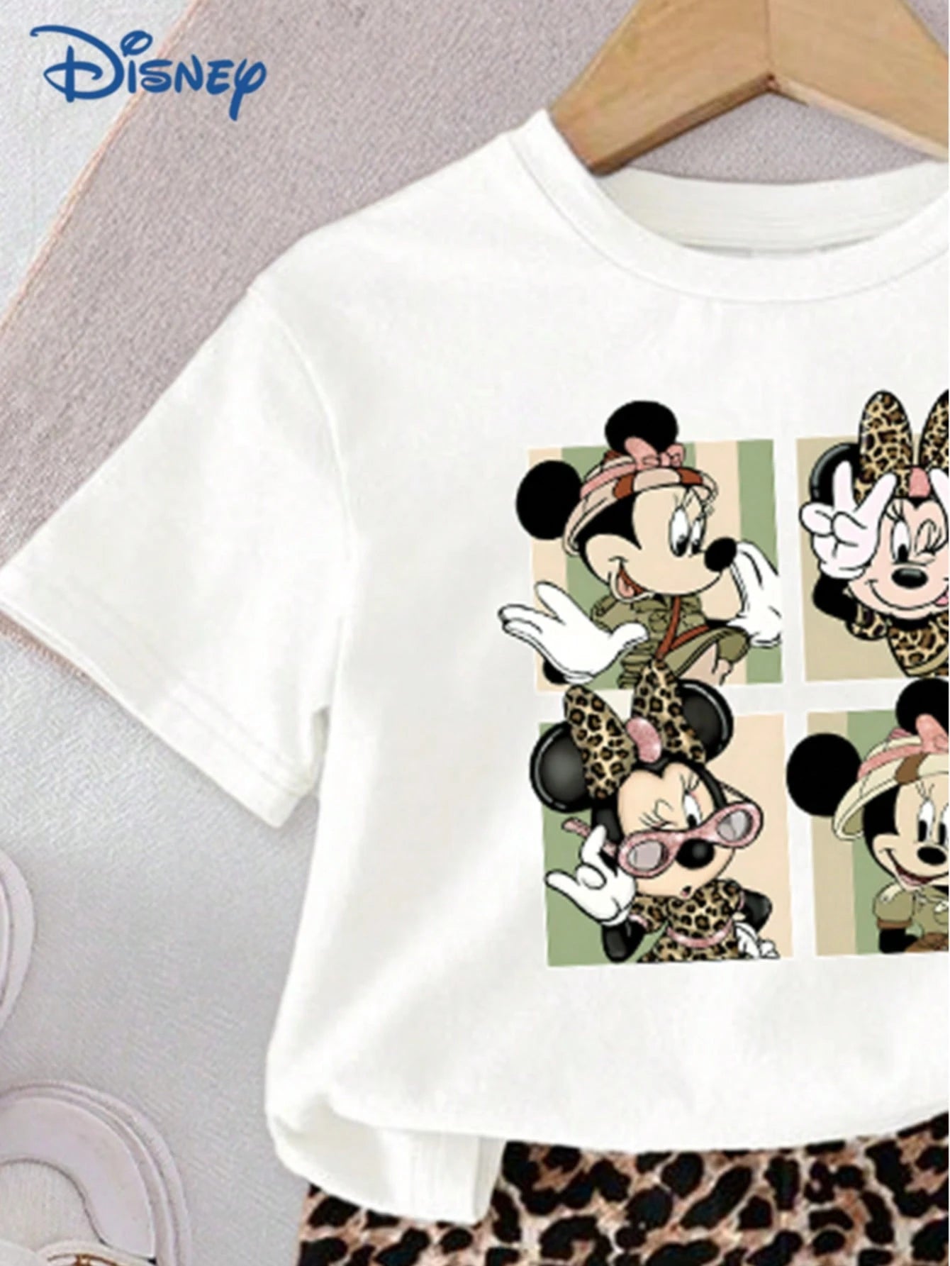 Disney Mickey Mouse Baby Girls' Minnie Letter Print Short Sleeve T-Shirt And Shorts Set, Cute Casual Summer Outfit; Baby Girl's Leopard Print Elastic Waist Shorts, Outdoor Sportswear