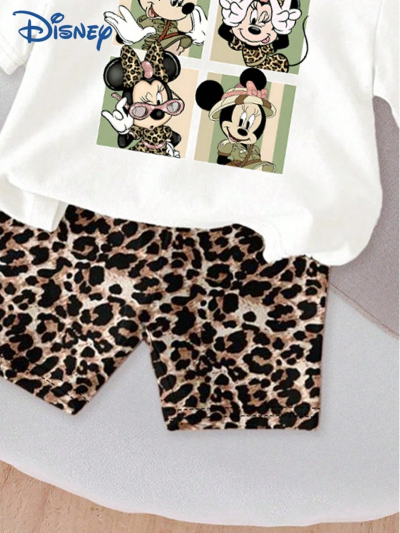 Disney Mickey Mouse Baby Girls' Minnie Letter Print Short Sleeve T-Shirt And Shorts Set, Cute Casual Summer Outfit; Baby Girl's Leopard Print Elastic Waist Shorts, Outdoor Sportswear