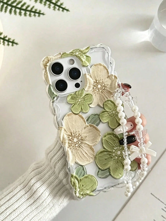Ditsy Floral Painted Braided Wave Edge Minimalist Premium TPU Shockproof Phone Case Protective Cover With Handmade Beaded Bracelet Accessory Compatible With IPhone 17pro/17Air/17/17promax 16/11/16pro