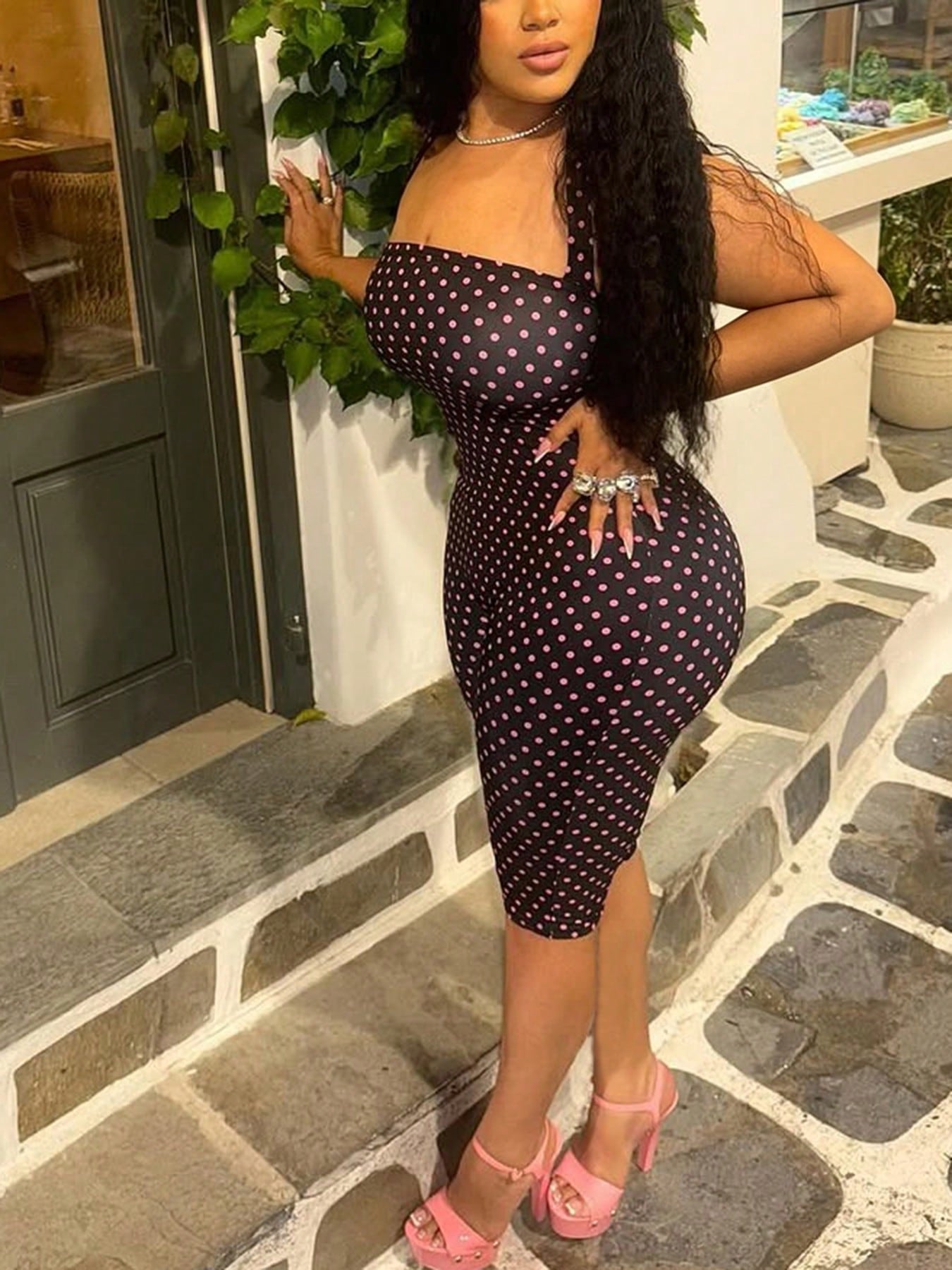 DOUCIU Polka Dot Print Halter Neck Backless Sexy Slim Fit 7/10 Length Jumpsuit Party Nightclub Outfit