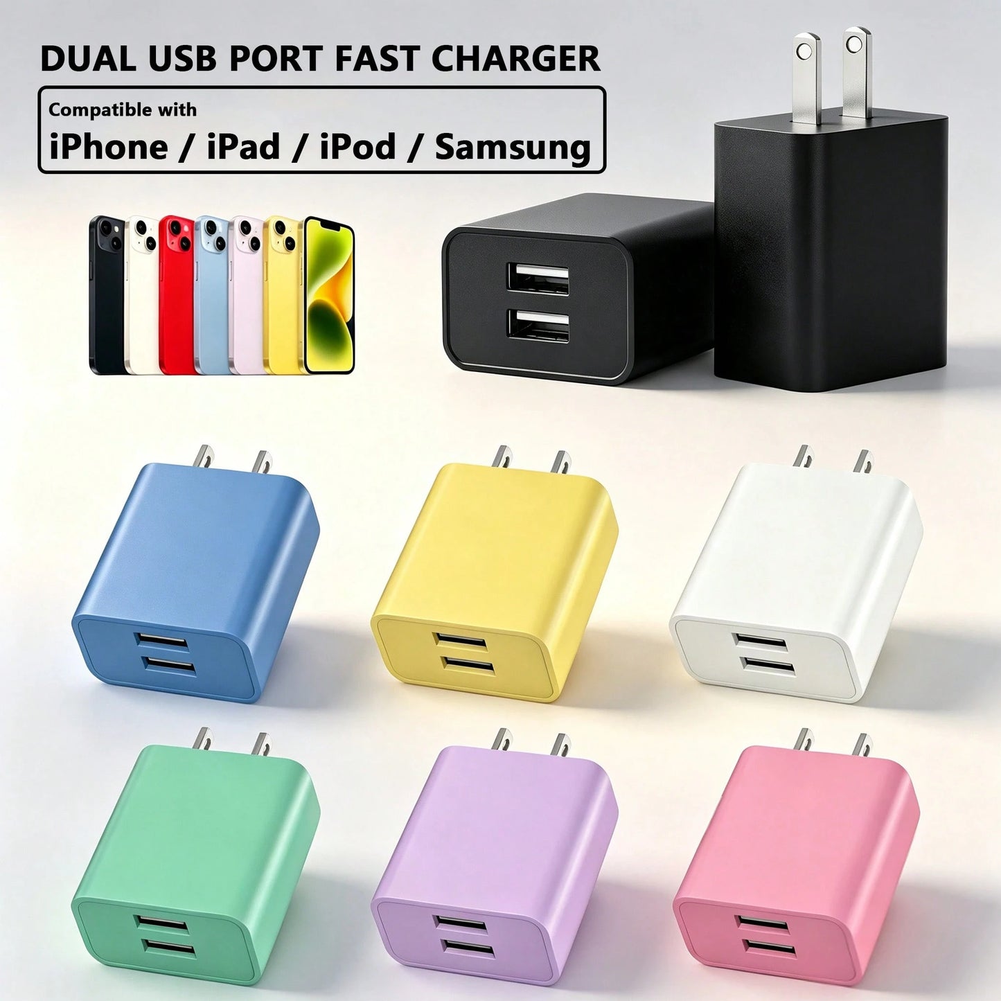 Dual USB Wall Charger Adapter Fast Charging, Dual Port Plug For Smartphones- US Plug, Compatible With IPhone 17/16/15/14/13/12/11 Pro Max/XS/X/SE/2022, Suitable For Office, School, Dorm And Home And
